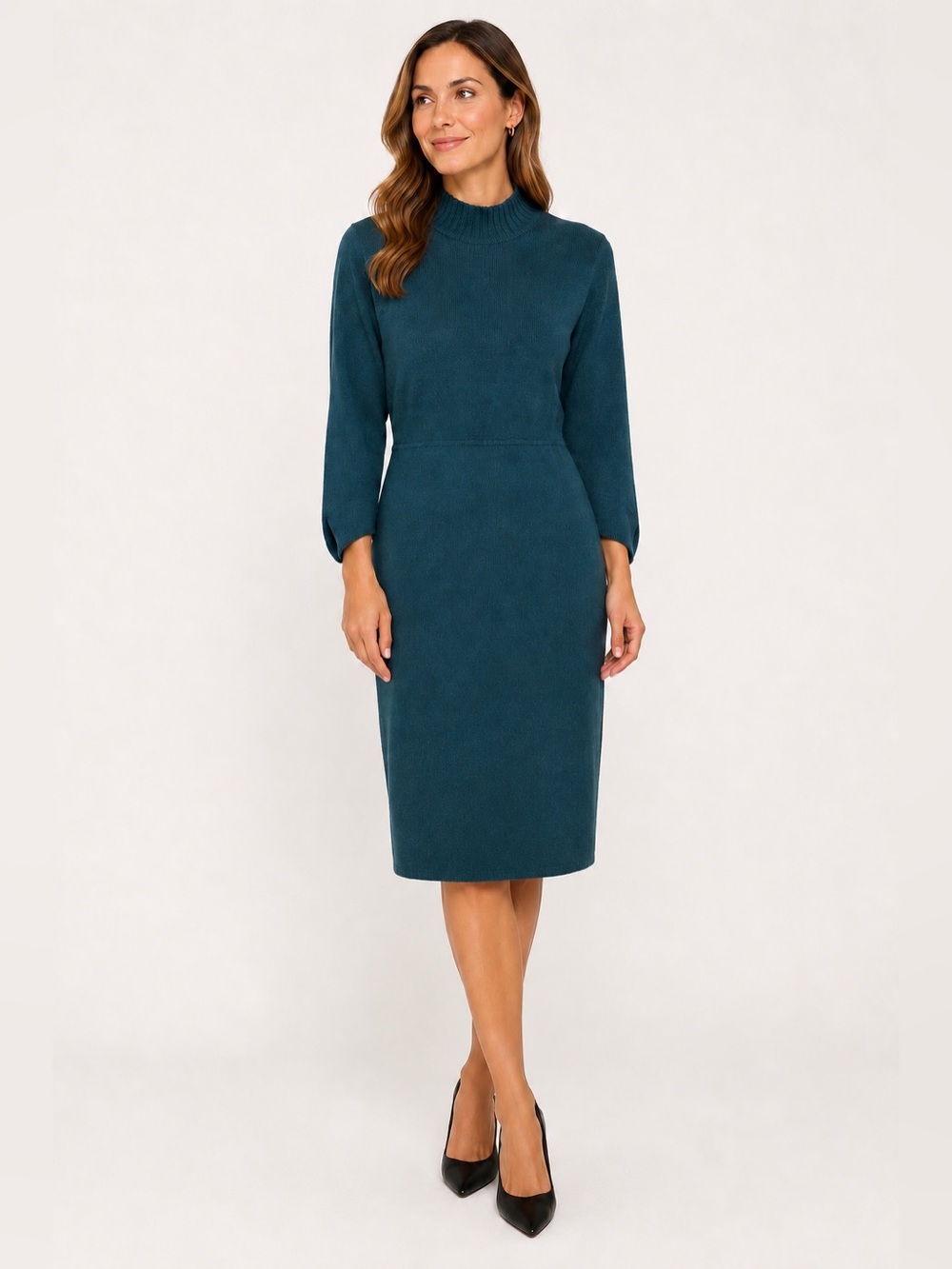 Vintage 1980s St John Knit Dress Teal Santana Wool Blend Midi Mock Neck‎ Size 8